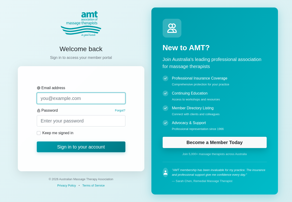 AMT member portal login page